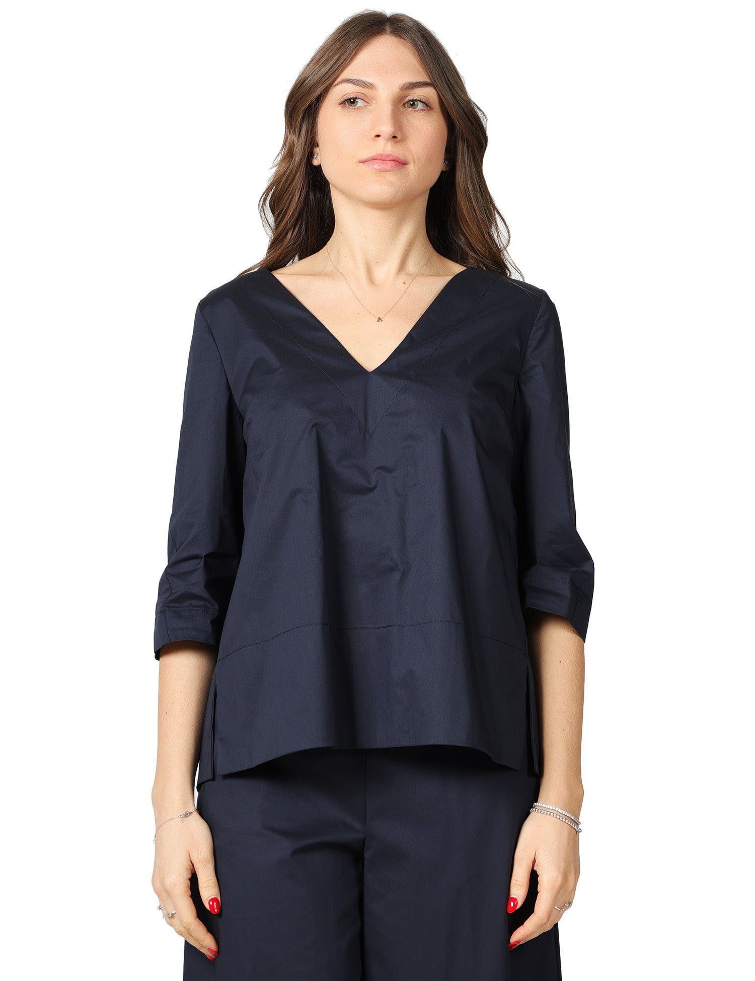 BLUSA LIVIANA CONTI DEANNA BLU NOTTE IN POPELINE STRETCH CON SCOLLO A V E MANICHE AL GOMITO