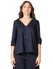 BLUSA LIVIANA CONTI DEANNA BLU NOTTE IN POPELINE STRETCH CON SCOLLO A V E MANICHE AL GOMITO