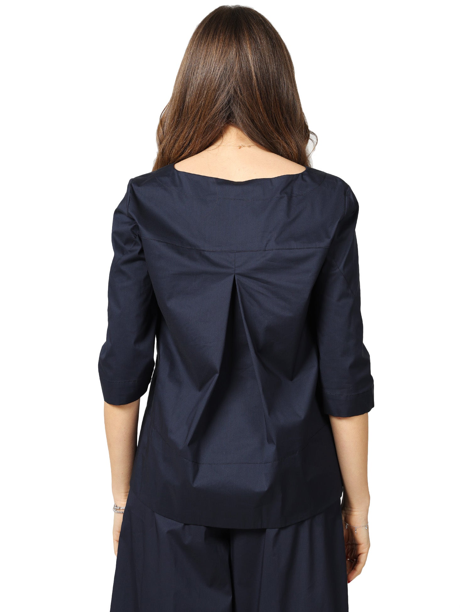BLUSA LIVIANA CONTI DEANNA BLU NOTTE IN POPELINE STRETCH CON SCOLLO A V E MANICHE AL GOMITO