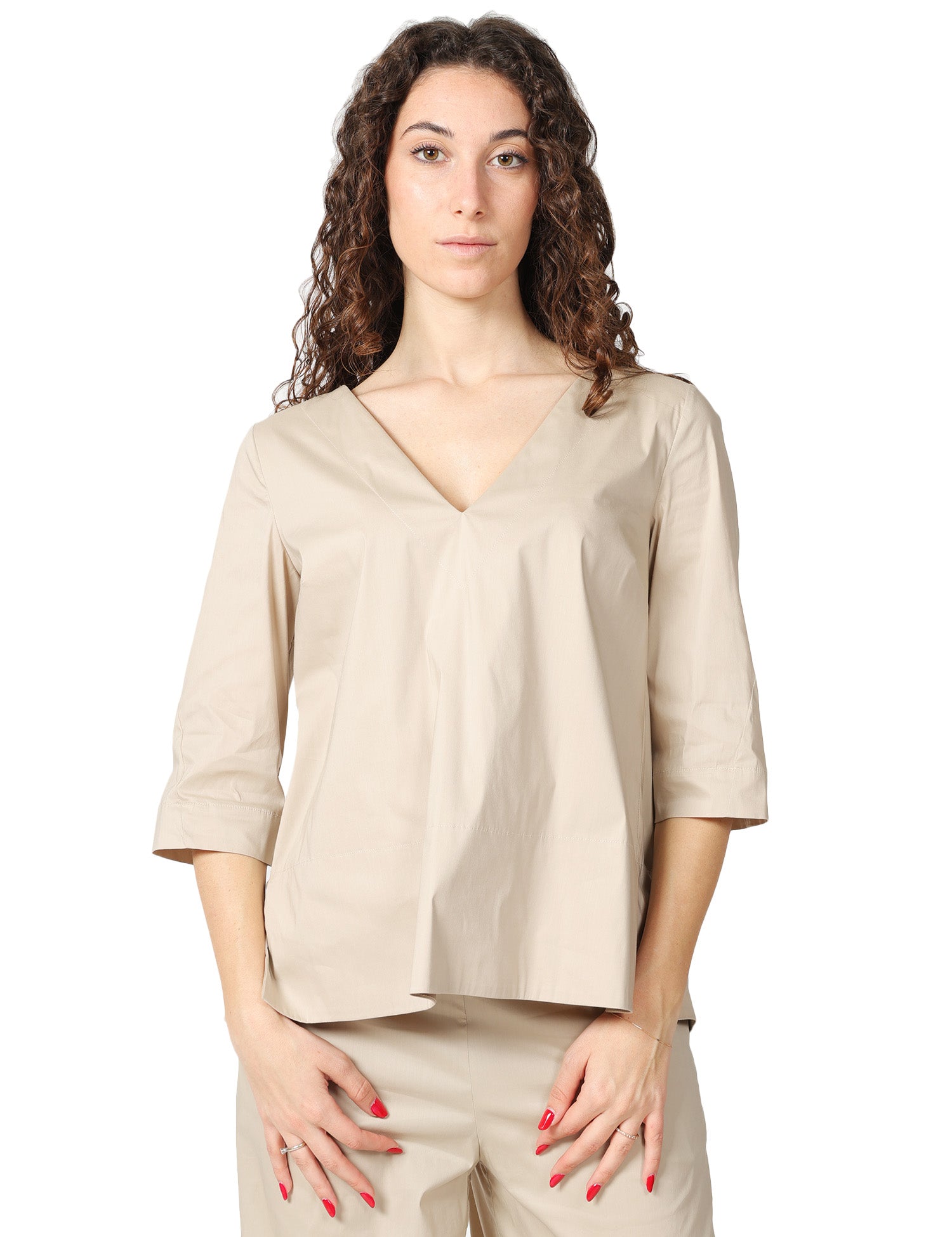 BLUSA DONNA LIVIANA CONTI DEANNA DUNA IN POPELINE STRETCH CON SCOLLO A V E MANICHE AL GOMITO