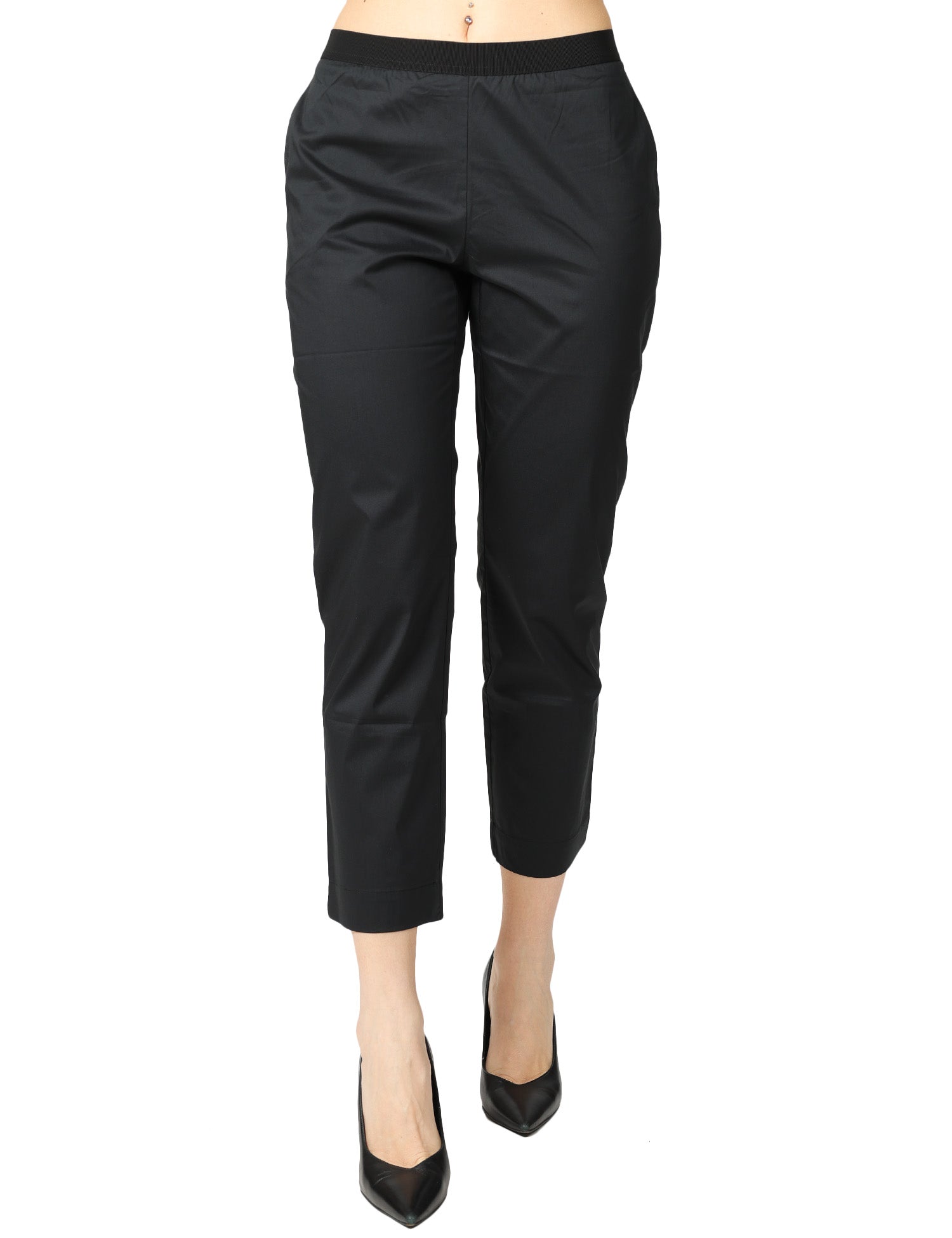 PANTALONE DONNA LIVIANA CONTI NERO IN POPELINE STRETCH CON ELASTICO IN VITA