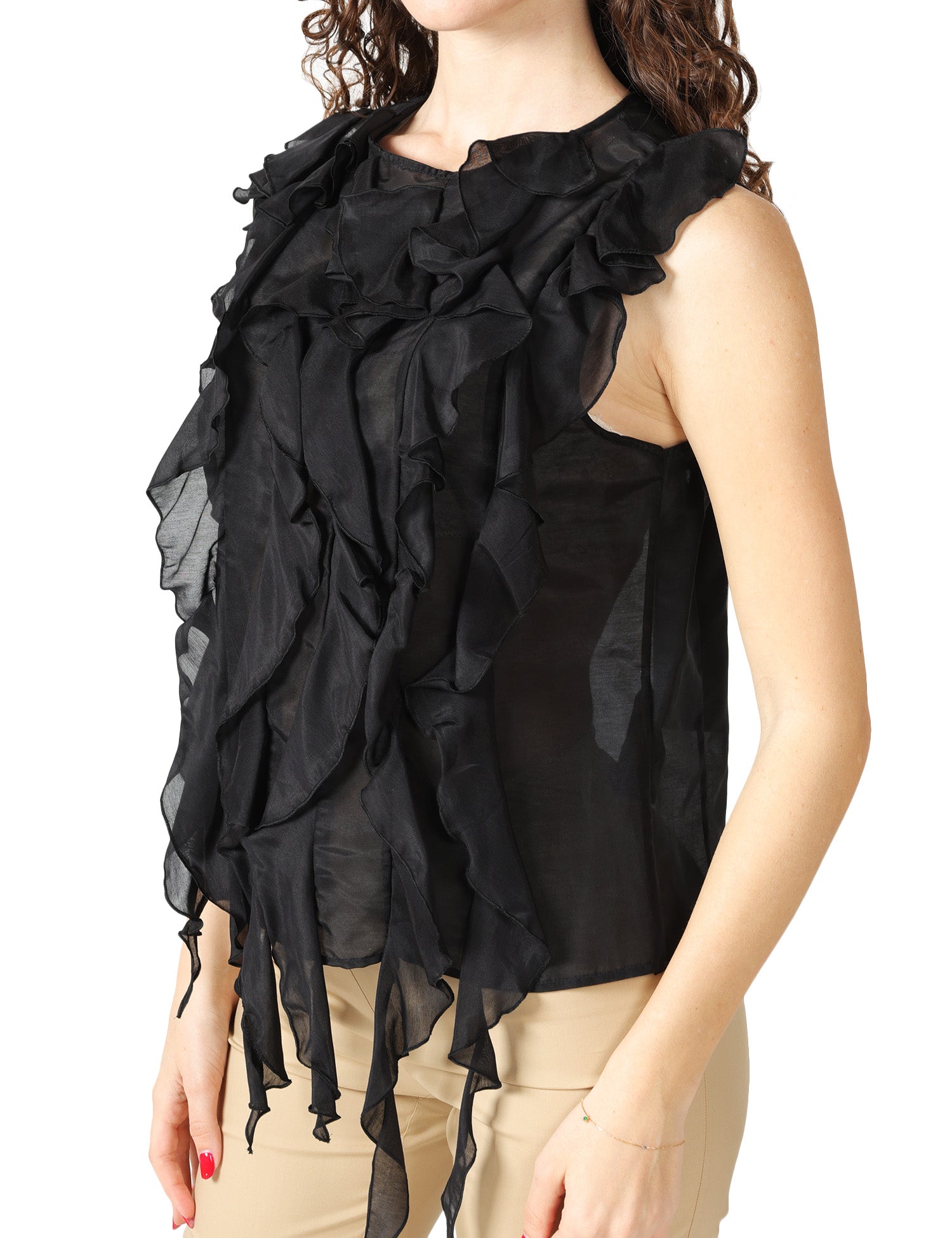 TOP LIVIANA CONTI CARLA NERO GIROMANICA IN VOILE DI COTONE-SETA CON ROUCHES