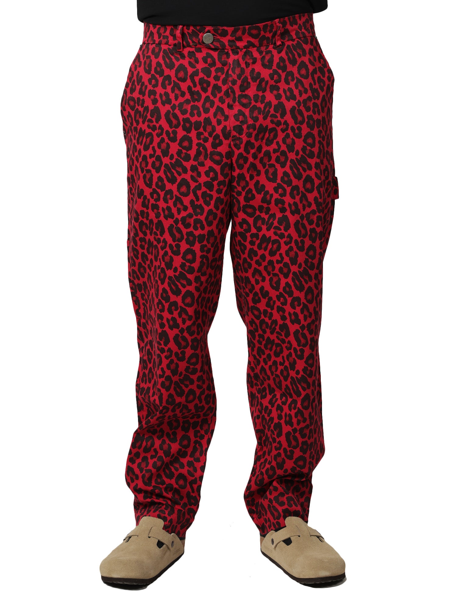 PANTALONE UOMO MAISON CRAZY WORKER RED STAMPA LEOPARD 100% COTONE
