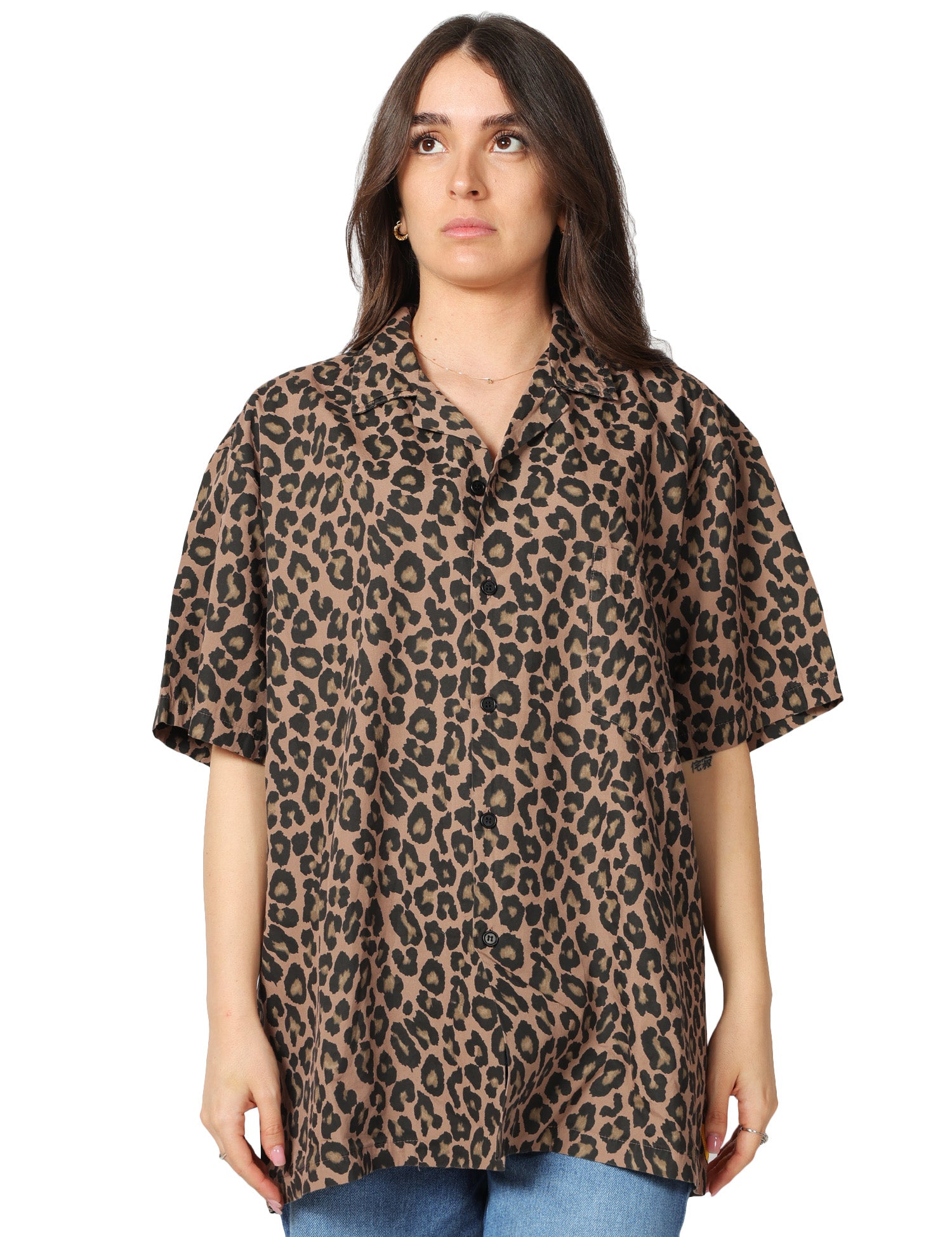 CAMICIA DONNA MAISON CRAZY WORKER LEOPARD A MEZZE MANICHE OVERSIZE 100% COTONE