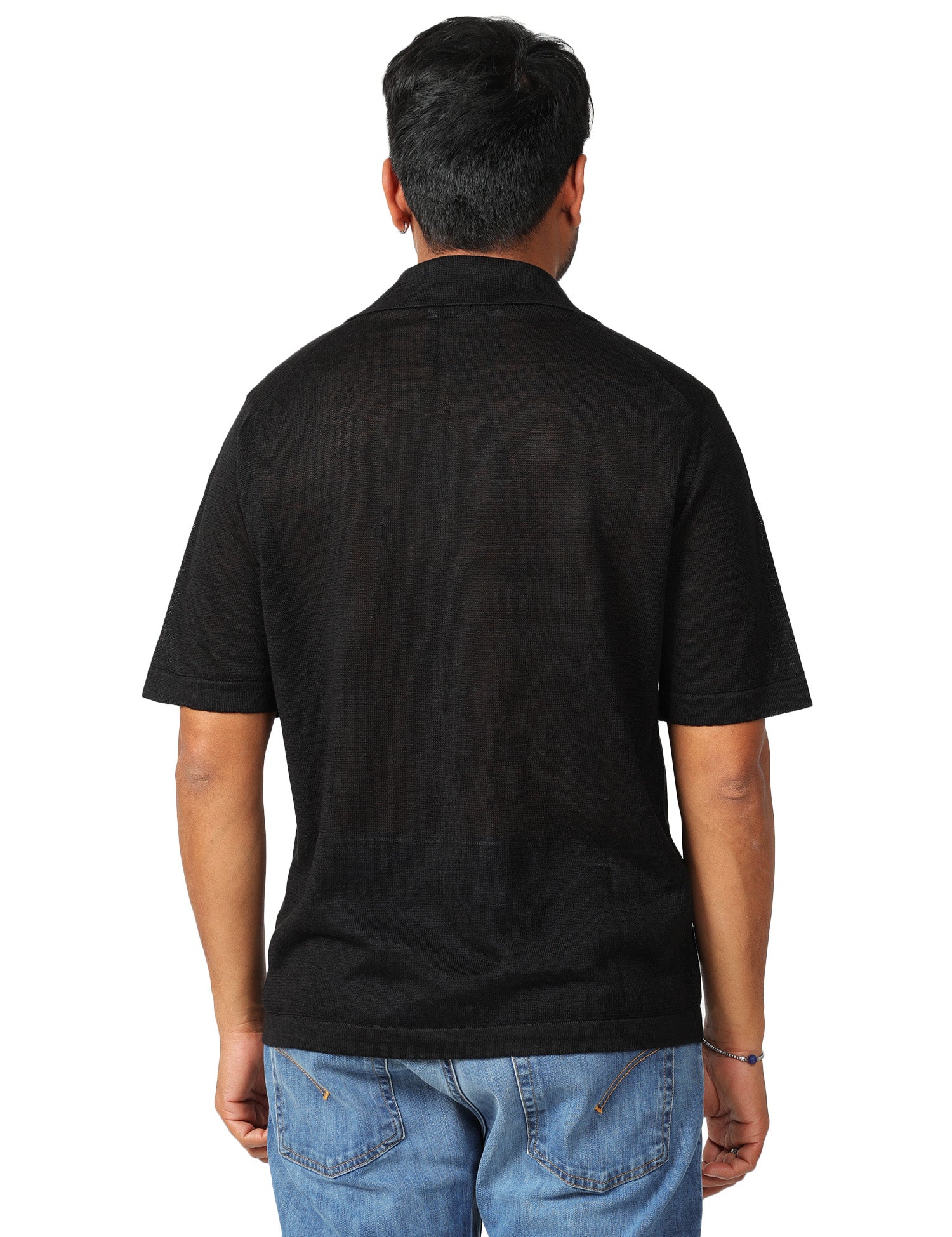 CAMICIA UOMO MASQ NERA A MEZZE MANICHE A TRAMA TRAFORATA CON COLLO REVER E BOTTONI