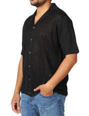 CAMICIA UOMO MASQ NERA A MEZZE MANICHE A TRAMA TRAFORATA CON COLLO REVER E BOTTONI