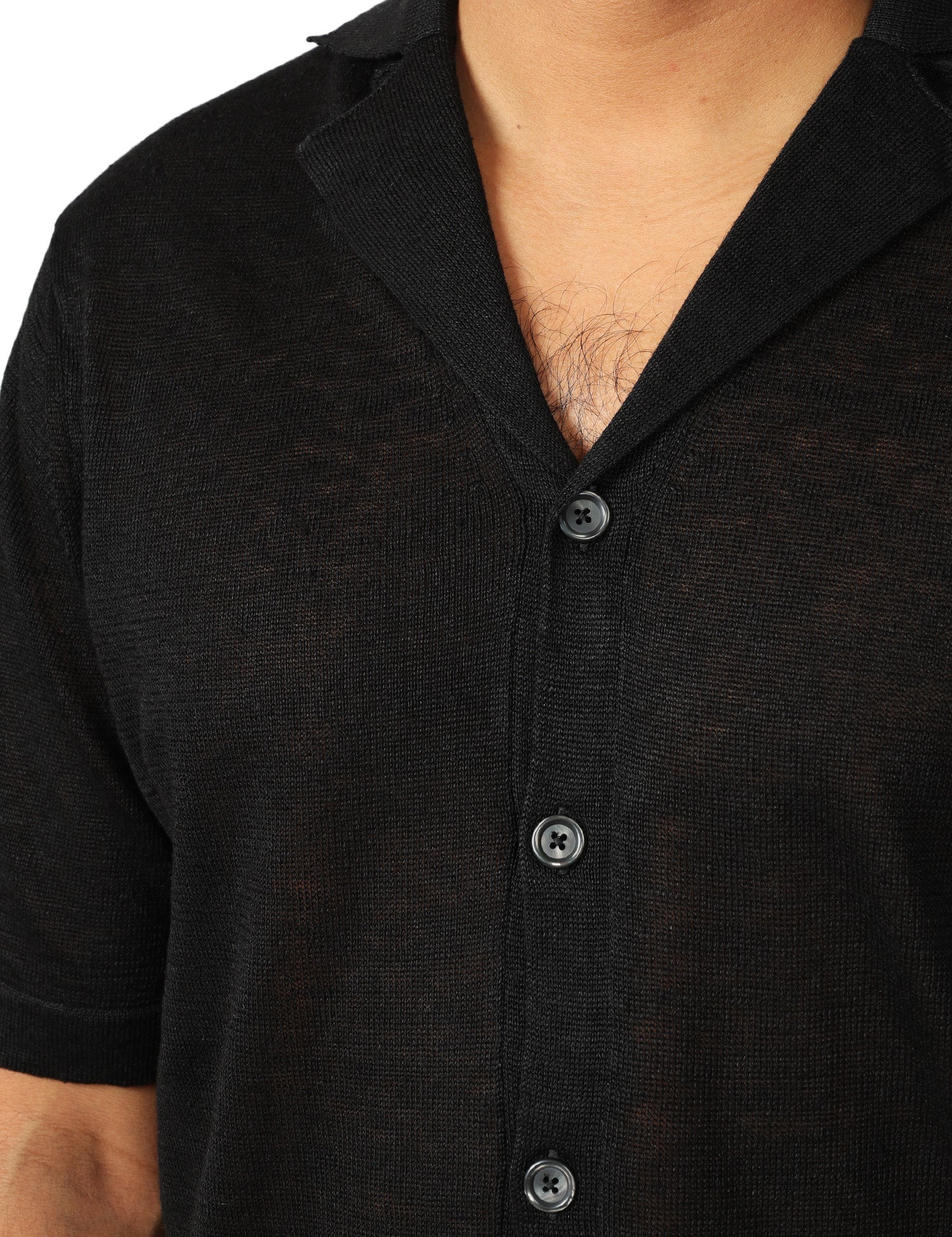 CAMICIA UOMO MASQ NERA A MEZZE MANICHE A TRAMA TRAFORATA CON COLLO REVER E BOTTONI