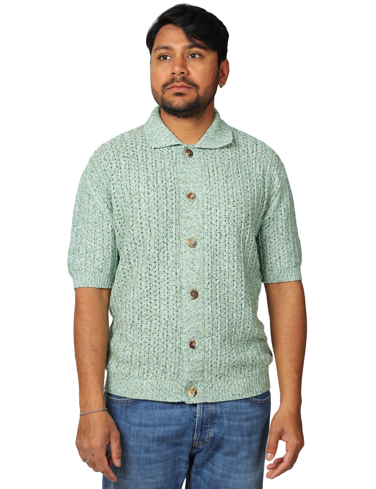 CARDIGAN UOMO MASQ VERDE A MEZZE MANICHE IN FILO CON COLLETTO