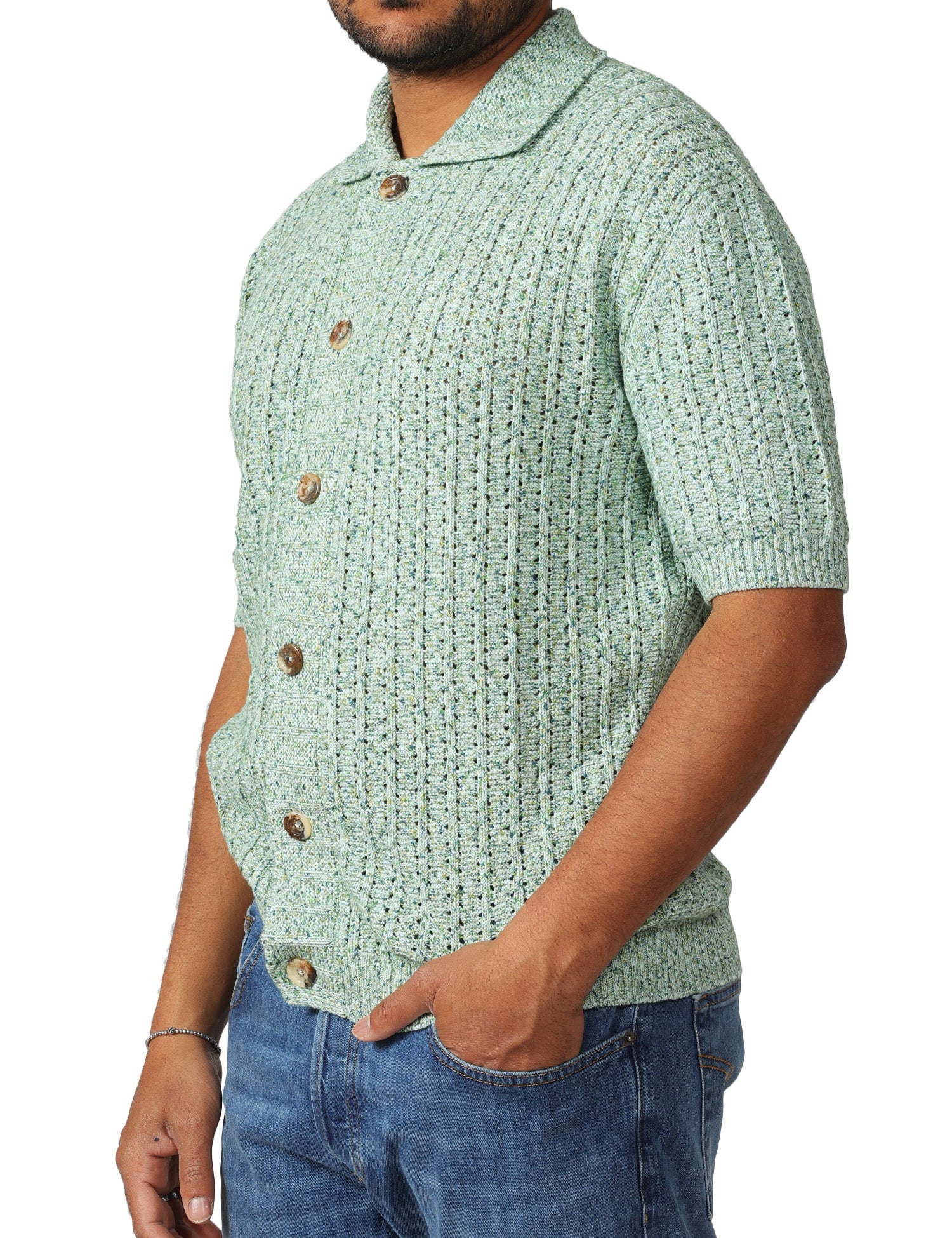CARDIGAN UOMO MASQ VERDE A MEZZE MANICHE IN FILO CON COLLETTO