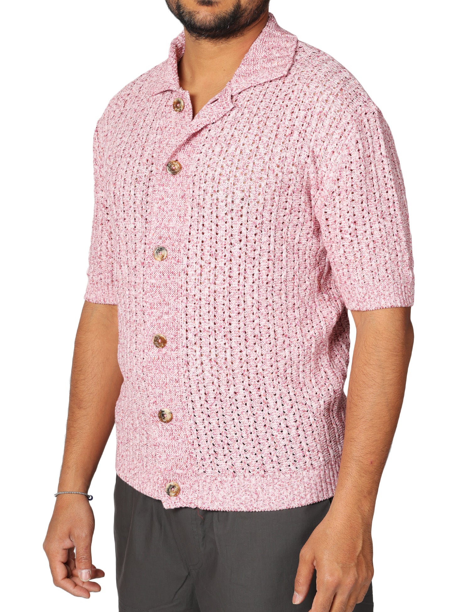 CARDIGAN UOMO MASQ ROSA MEZZE MANICHE IN MAGLIA TRAFORATA CON BOTTONI