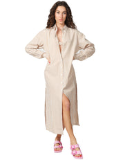 ABITO CAMICIA DONNA MC 2 SAINT BARTH ADELINE BEIGE A RIGHE LUNGO CON RICAMO LOGO DIETRO