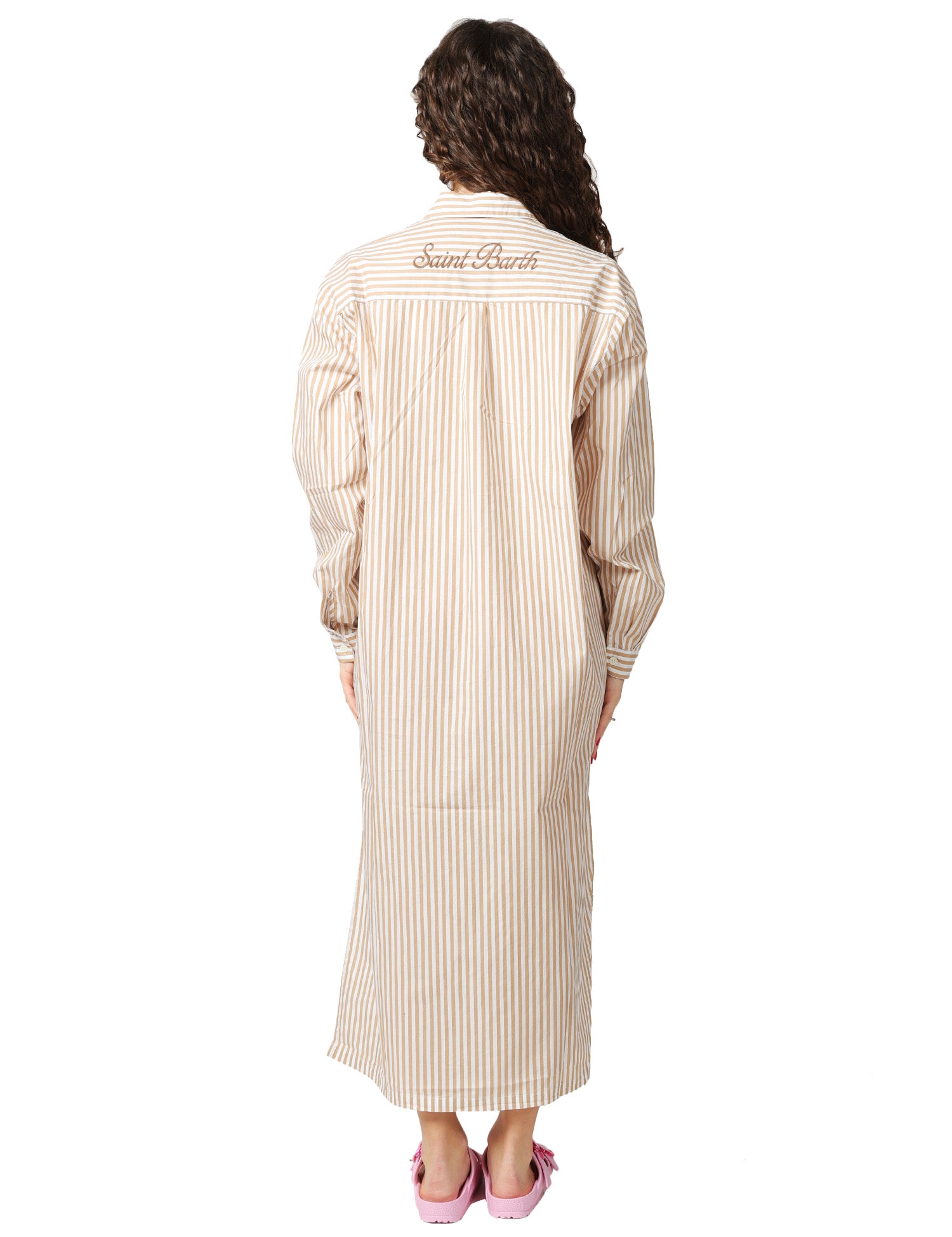 ABITO CAMICIA DONNA MC 2 SAINT BARTH ADELINE BEIGE A RIGHE LUNGO CON RICAMO LOGO DIETRO