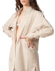ABITO CAMICIA DONNA MC 2 SAINT BARTH ADELINE BEIGE A RIGHE LUNGO CON RICAMO LOGO DIETRO