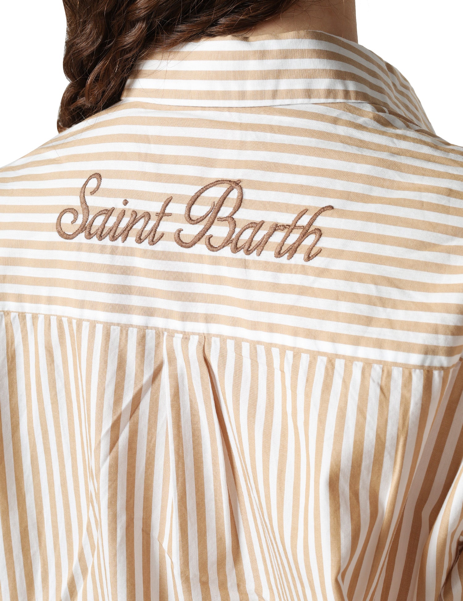 ABITO CAMICIA DONNA MC 2 SAINT BARTH ADELINE BEIGE A RIGHE LUNGO CON RICAMO LOGO DIETRO