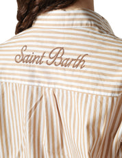 ABITO CAMICIA DONNA MC 2 SAINT BARTH ADELINE BEIGE A RIGHE LUNGO CON RICAMO LOGO DIETRO