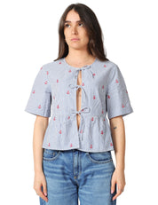 CAMICIA DONNA MC 2 SAINT BARTH ALYSON BLU A RIGHE IN SEERSUCKER CON RICAMO ANCORE E LACCETTI