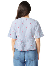 CAMICIA DONNA MC 2 SAINT BARTH ALYSON BLU A RIGHE IN SEERSUCKER CON RICAMO ANCORE E LACCETTI