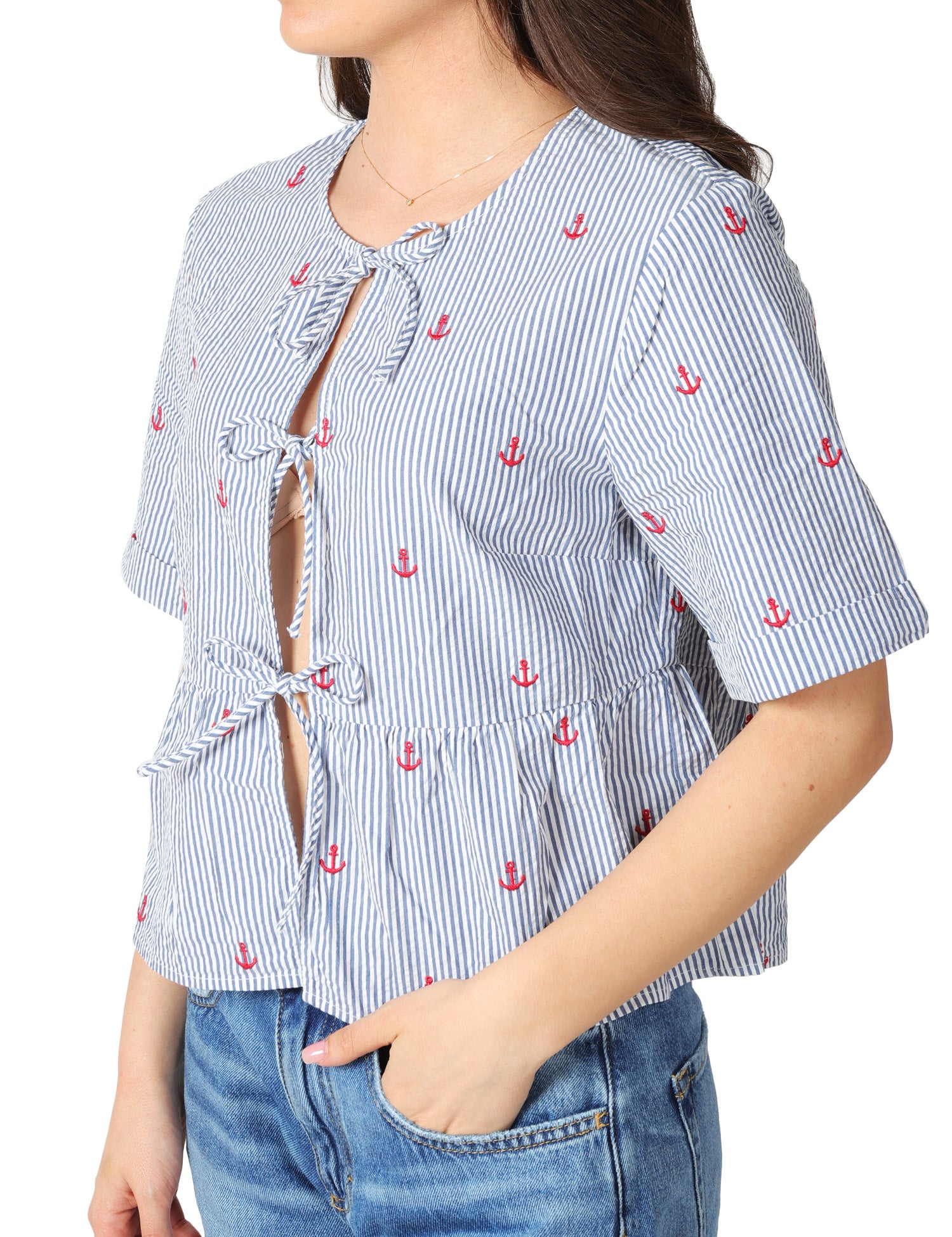 CAMICIA DONNA MC 2 SAINT BARTH ALYSON BLU A RIGHE IN SEERSUCKER CON RICAMO ANCORE E LACCETTI