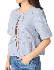 CAMICIA DONNA MC 2 SAINT BARTH ALYSON BLU A RIGHE IN SEERSUCKER CON RICAMO ANCORE E LACCETTI