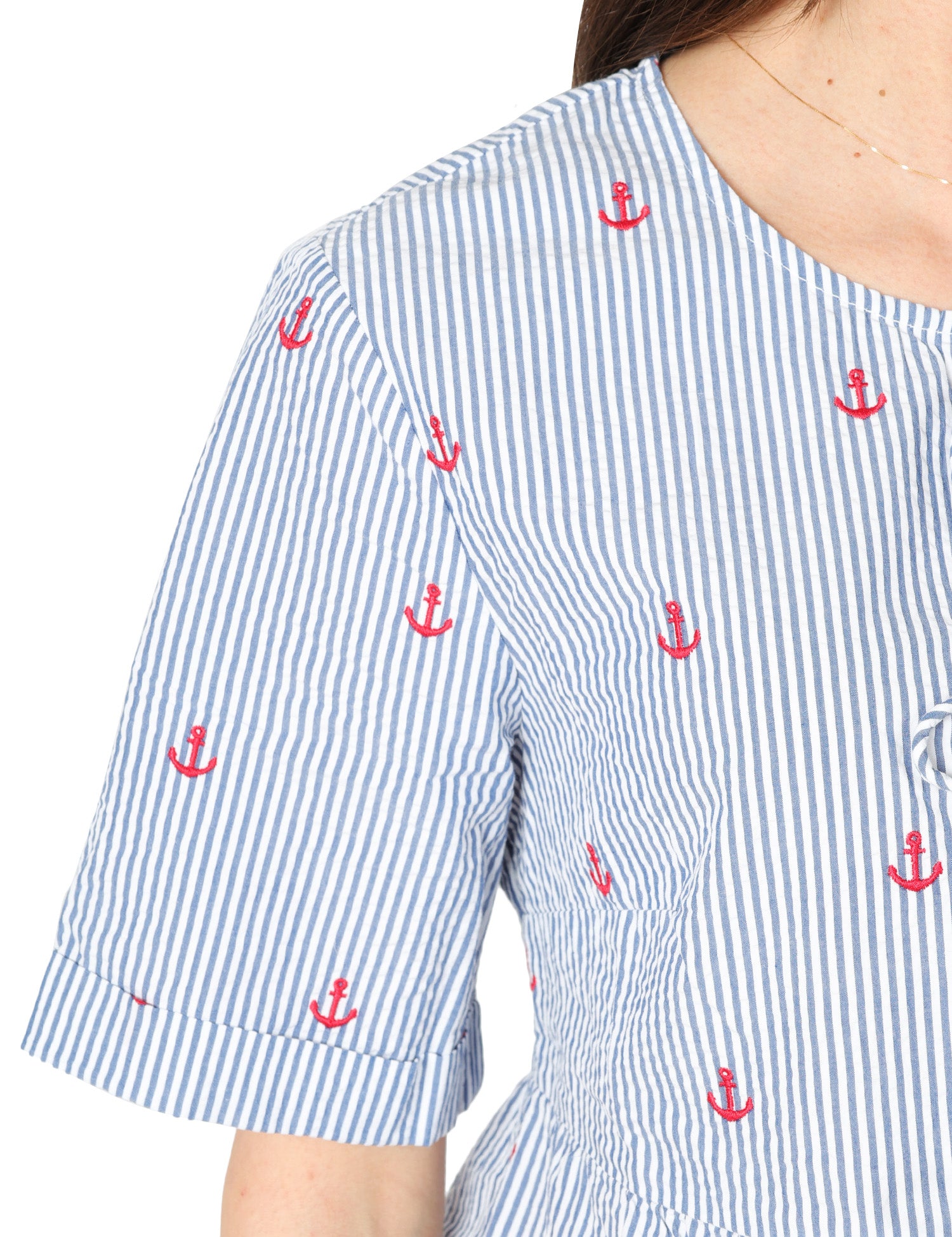 CAMICIA DONNA MC 2 SAINT BARTH ALYSON BLU A RIGHE IN SEERSUCKER CON RICAMO ANCORE E LACCETTI