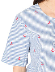 CAMICIA DONNA MC 2 SAINT BARTH ALYSON BLU A RIGHE IN SEERSUCKER CON RICAMO ANCORE E LACCETTI