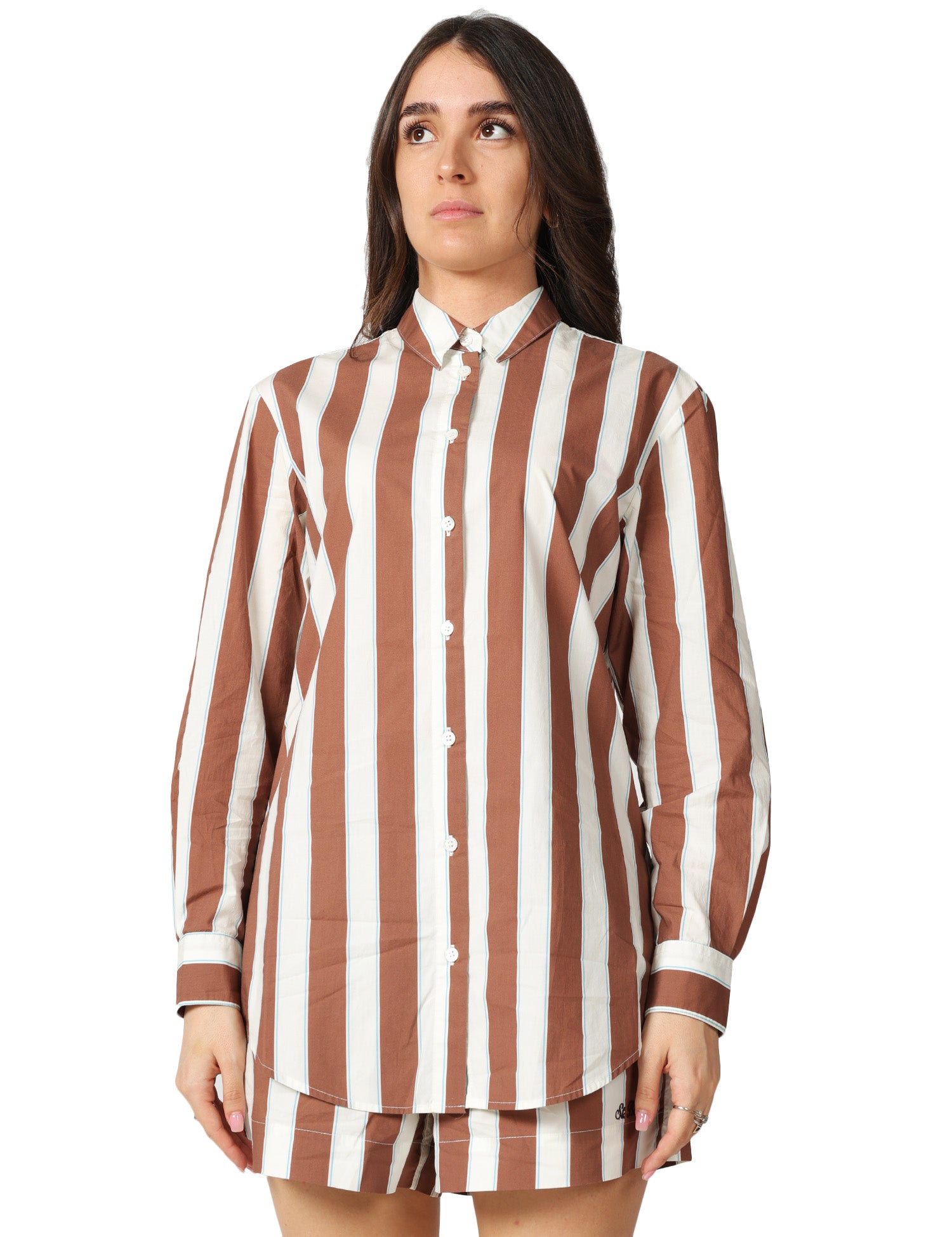 CAMICIA DONNA MC 2 SAINT BARTH BRIGITTE PANNA/MARRONE A RIGHE CON RICAMO SULLA SCHIENA