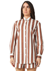 CAMICIA DONNA MC 2 SAINT BARTH BRIGITTE PANNA/MARRONE A RIGHE CON RICAMO SULLA SCHIENA