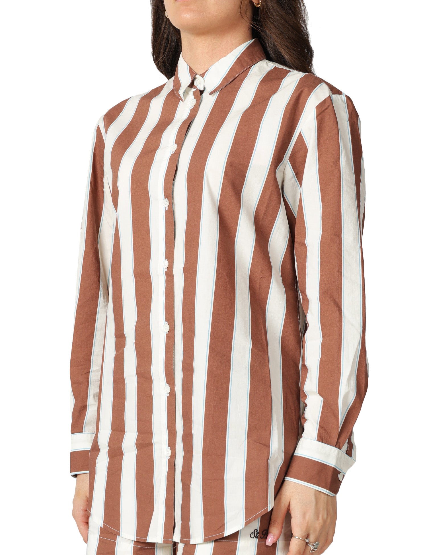 CAMICIA DONNA MC 2 SAINT BARTH BRIGITTE PANNA/MARRONE A RIGHE CON RICAMO SULLA SCHIENA