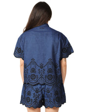 CAMICIA DONNA MC 2 SAINT BARTH CLEMENTINE BLU NAVY IN COTONE CHAMBRAY CON RICAMI FLOREALI