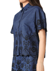 CAMICIA DONNA MC 2 SAINT BARTH CLEMENTINE BLU NAVY IN COTONE CHAMBRAY CON RICAMI FLOREALI
