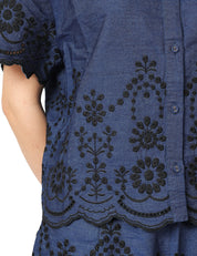 CAMICIA DONNA MC 2 SAINT BARTH CLEMENTINE BLU NAVY IN COTONE CHAMBRAY CON RICAMI FLOREALI