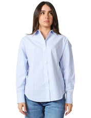 CAMICIA DONNA MC 2 SAINT BARTH CRYSTAL AZZURRO/BIANCO A RIGHE IN COTONE SEERSUCKER CON RICAMO SULLO SCOLLO