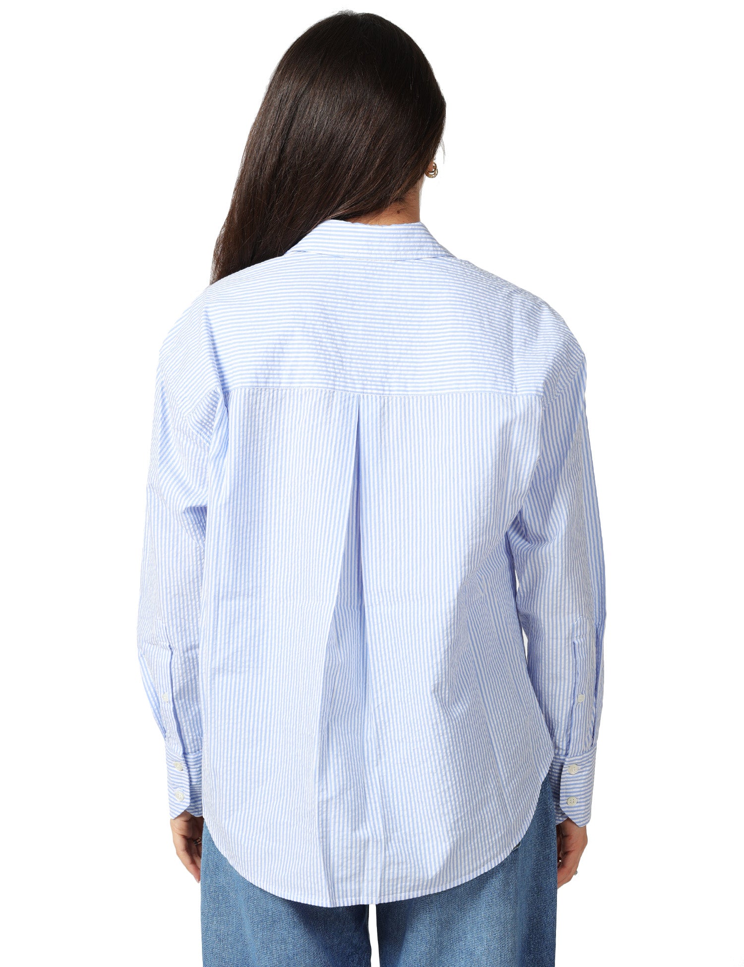 CAMICIA DONNA MC 2 SAINT BARTH CRYSTAL AZZURRO/BIANCO A RIGHE IN COTONE SEERSUCKER CON RICAMO SULLO SCOLLO