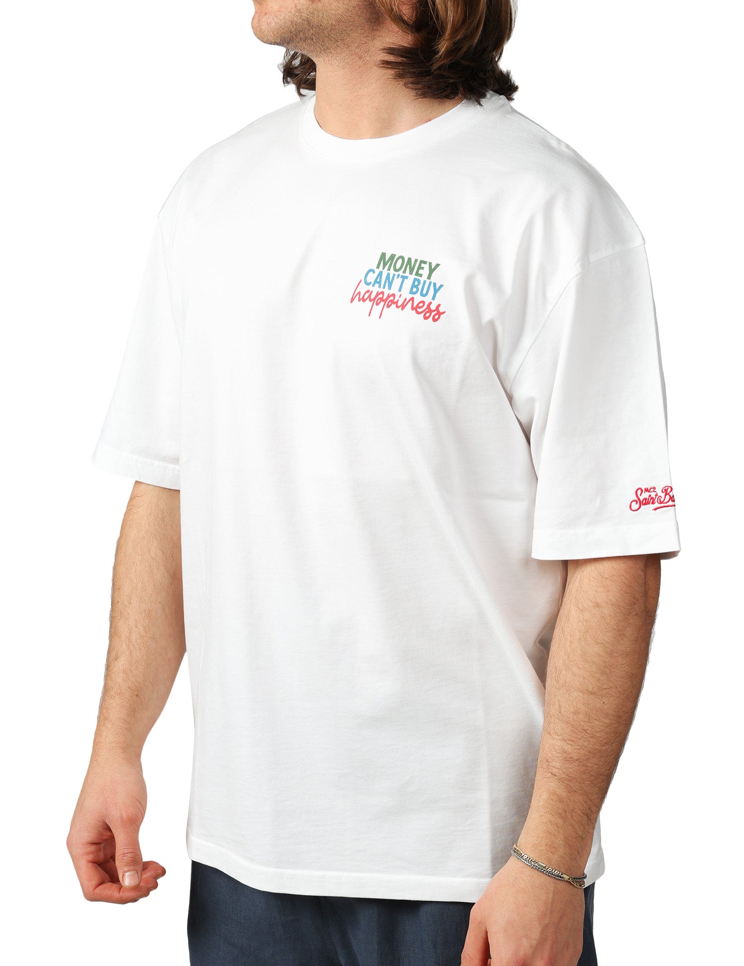 T-SHIRT UOMO MC 2 SAINT BARTH DELMAR BIANCA CON MAXI STAMPA "MONEY CAN'T BUY HAPPINESS" SUL RETRO