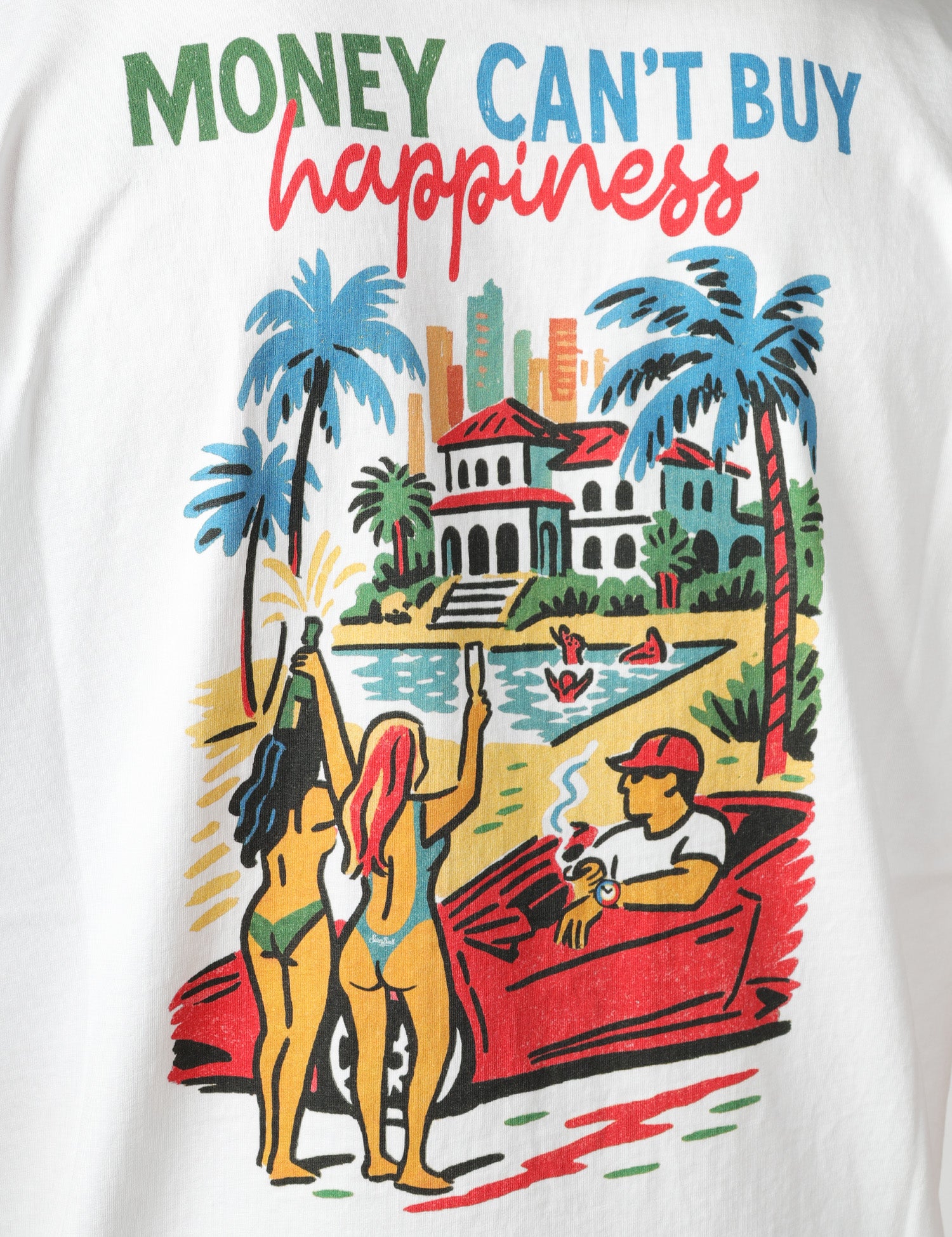 T-SHIRT UOMO MC 2 SAINT BARTH DELMAR BIANCA CON MAXI STAMPA "MONEY CAN'T BUY HAPPINESS" SUL RETRO