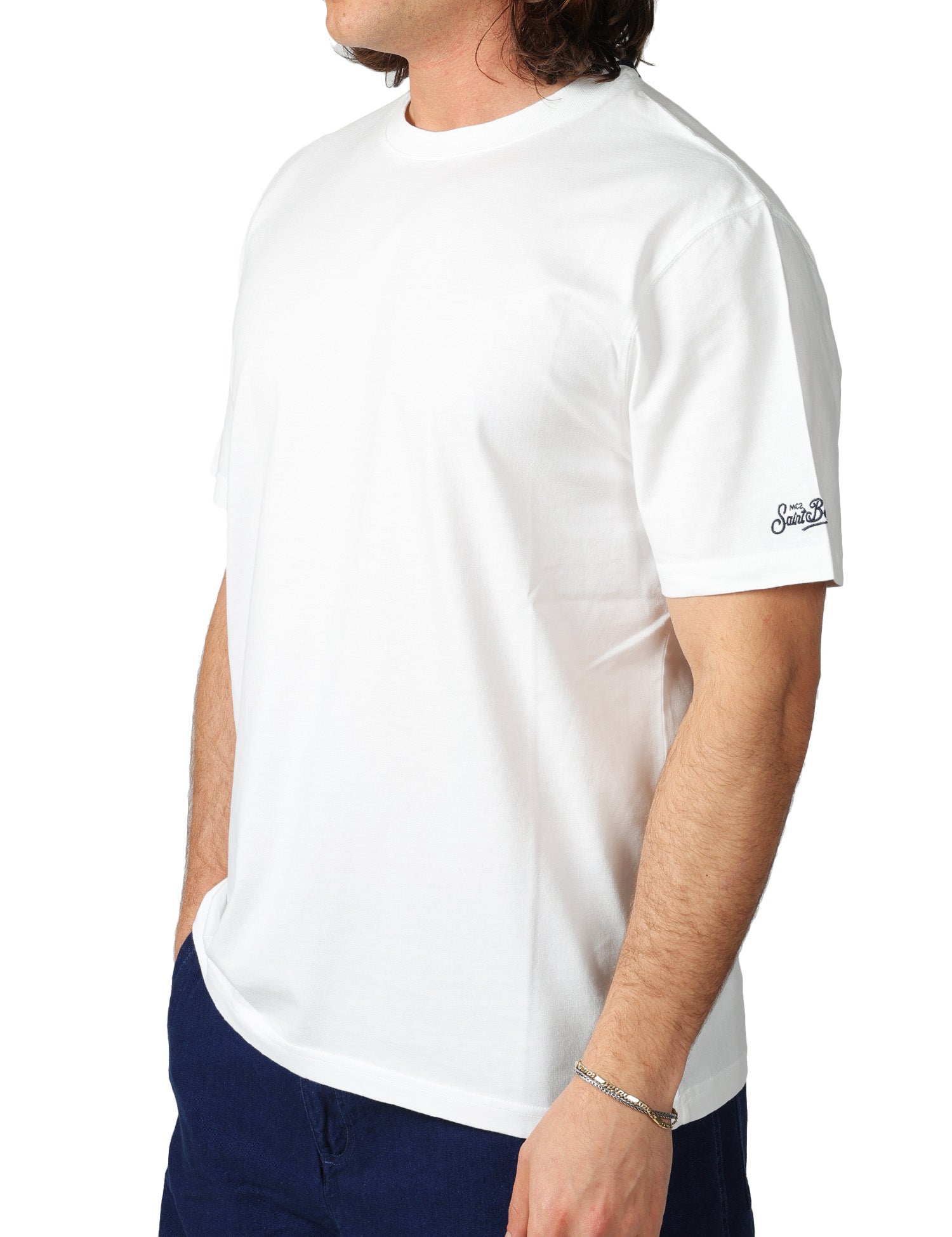 T-SHIRT UOMO MC 2 SAINT BARTH DOVER BIANCA CON RICAMO LOGO SULLA MANICA 100% COTONE