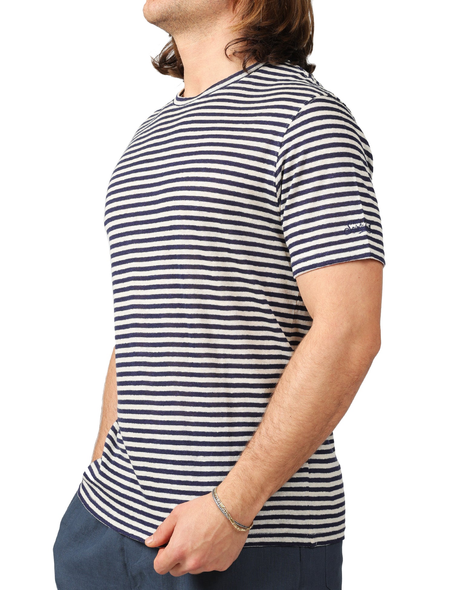 T-SHIRT UOMO MC 2 SAINT BARTH DOVER BLU/BEIGE A RIGHE IN COTONE CON RICAMO LOGO