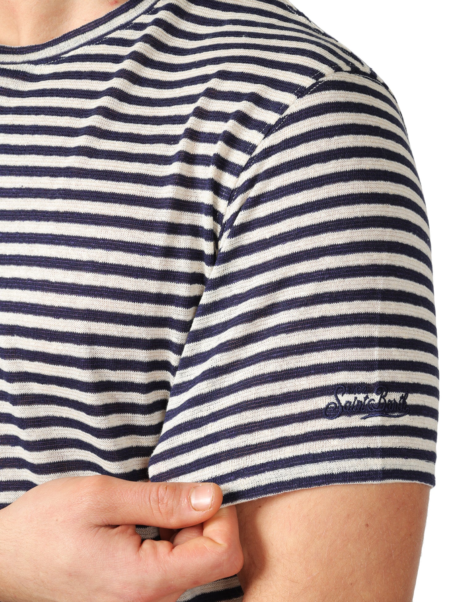 T-SHIRT UOMO MC 2 SAINT BARTH DOVER BLU/BEIGE A RIGHE IN COTONE CON RICAMO LOGO