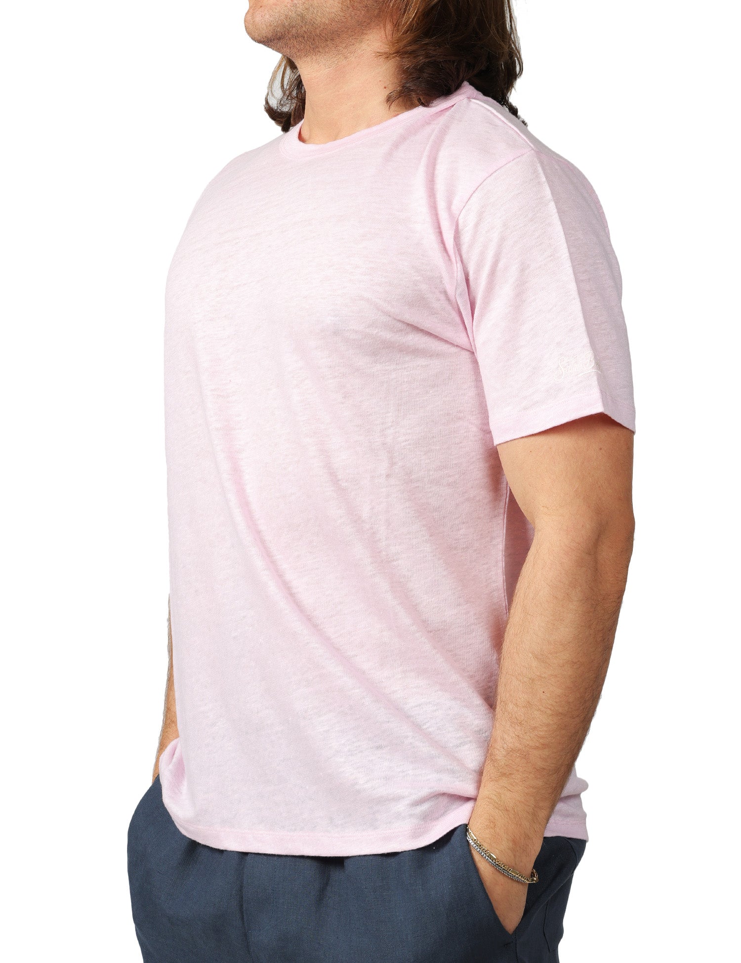 T-SHIRT UOMO MC 2 SAINT BARTH ECSTASEA ROSA GIROCOLLO IN JERSEY DI LINO CON RICAMO LOGO SULLA MANICA