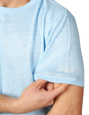 T-SHIRT UOMO MC 2 SAINT BARTH ECSTASEA LIGHT BLUE GIROCOLLO IN JERSEY DI LINO CON RICAMO LOGO SULLA MANICA