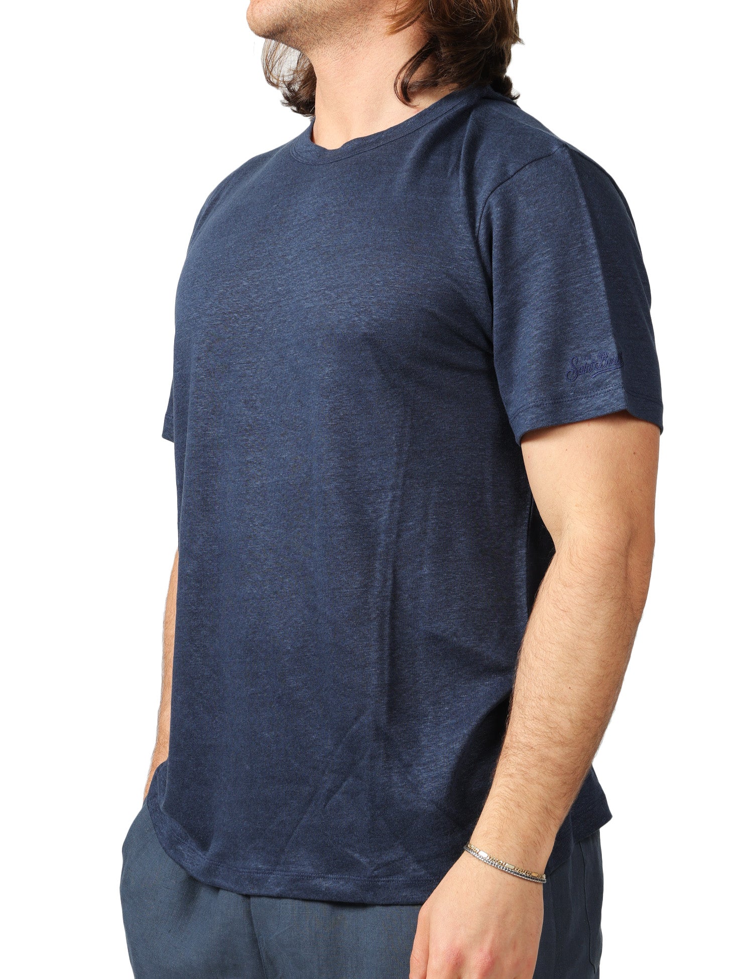 T-SHIRT UOMO MC 2 SAINT BARTH ECSTASEA BLU NAVY GIROCOLLO IN LINO CON RICAMO LOGO SULLA MANICA