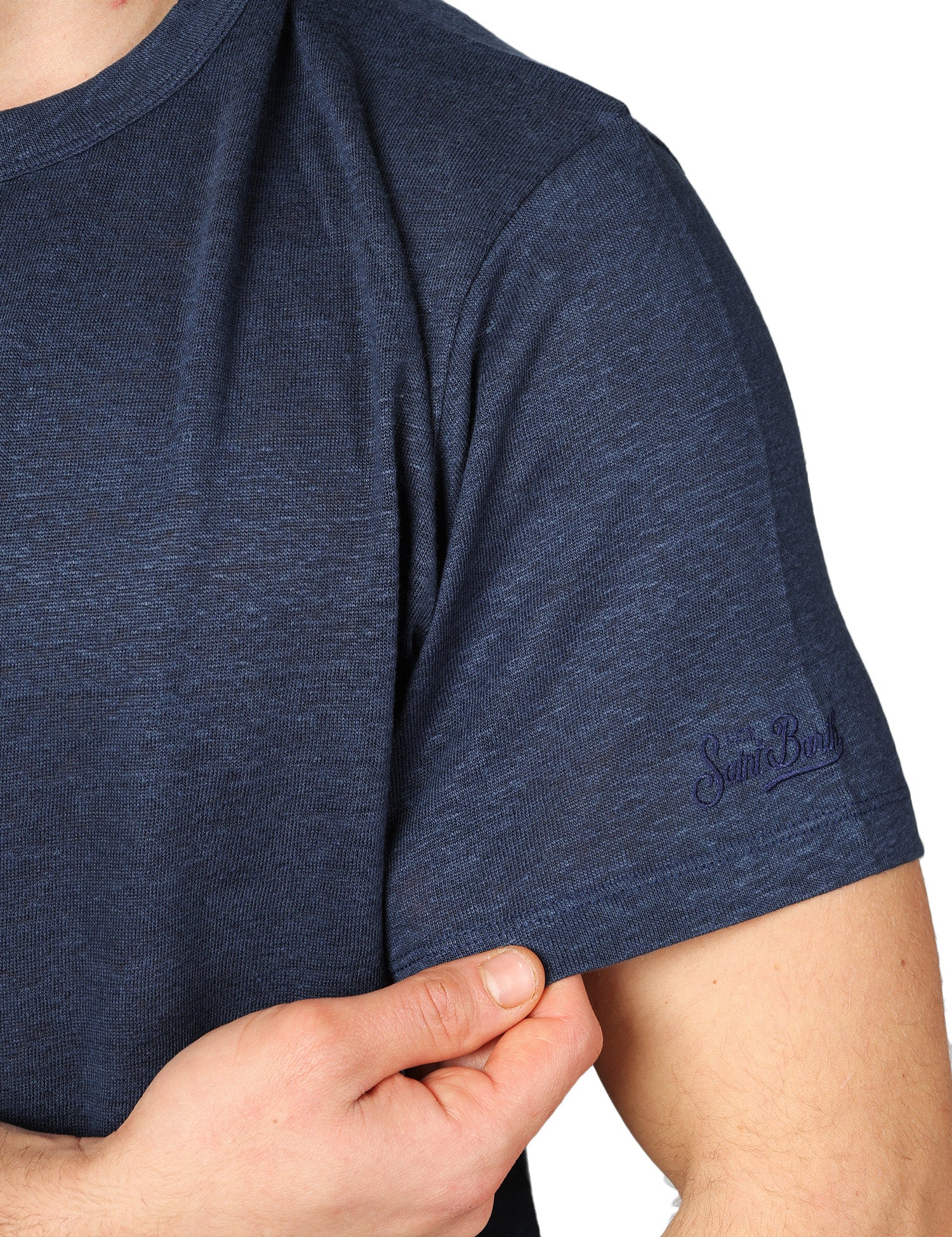 T-SHIRT UOMO MC 2 SAINT BARTH ECSTASEA BLU NAVY GIROCOLLO IN LINO CON RICAMO LOGO SULLA MANICA