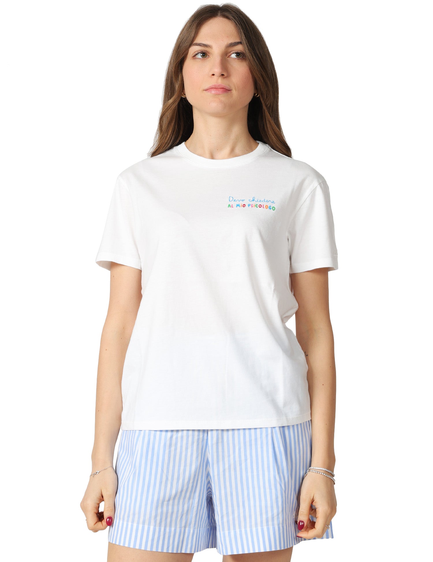 T-SHIRT DONNA MC 2 SAINT BARTH EMILIE BIANCA IN COTONE CON RICAMO "DEVO CHIEDERE AL MIO PSICOLOGO"