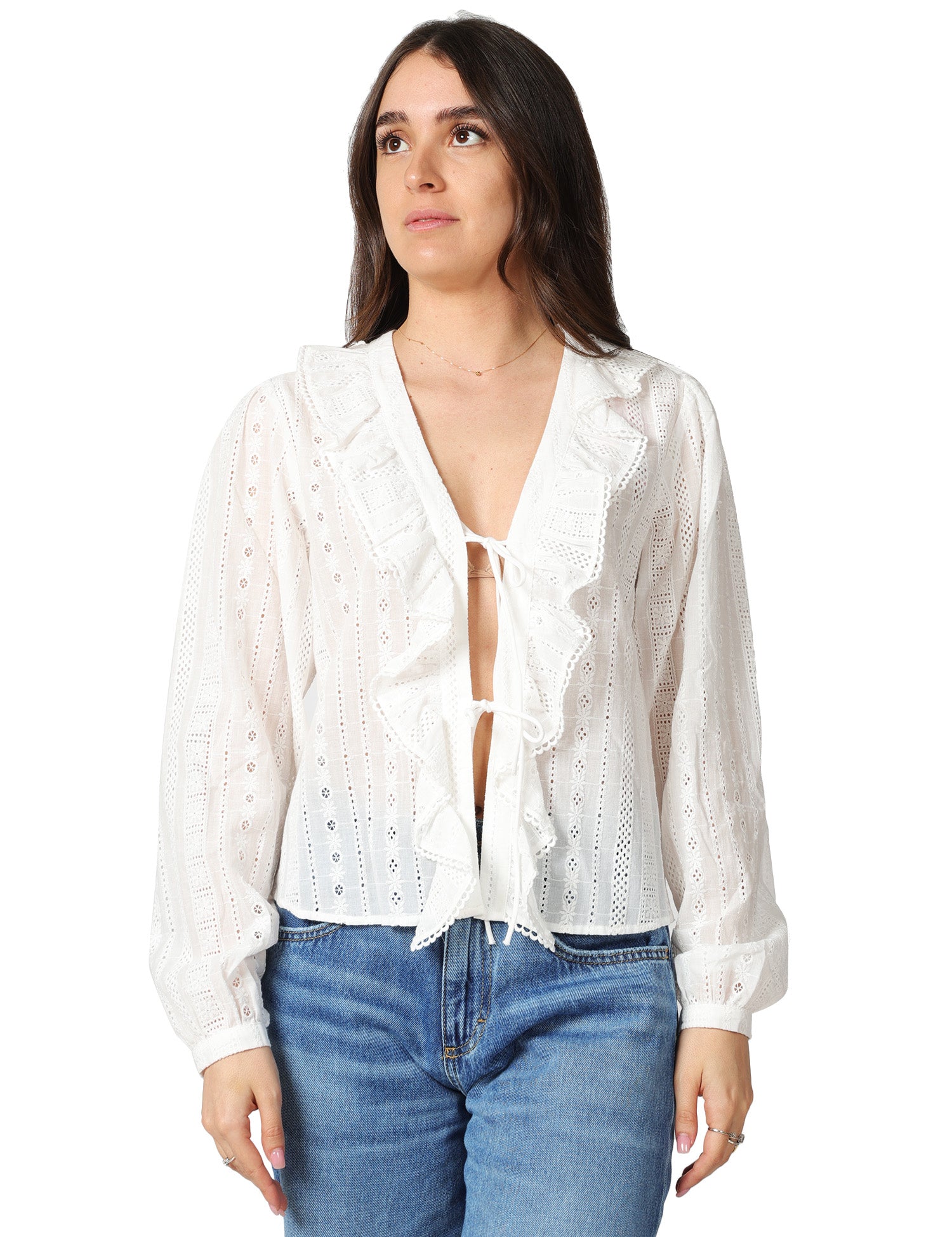 CAMICIA DONNA MC 2 SAINT BARTH BIANCA IN COTONE SANGALLO CON LACCETTI E ROUCHES