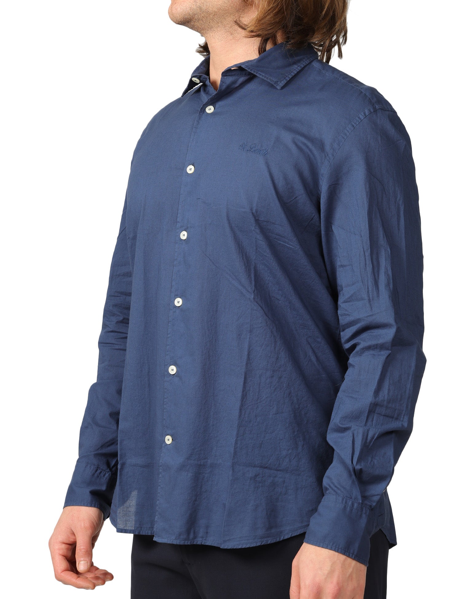 CAMICIA UOMO MC 2 SAINT BARTH CHEMISE ICE BLU NAVY IN PURO COTONE CON RICAMO LOGO SUL PETTO