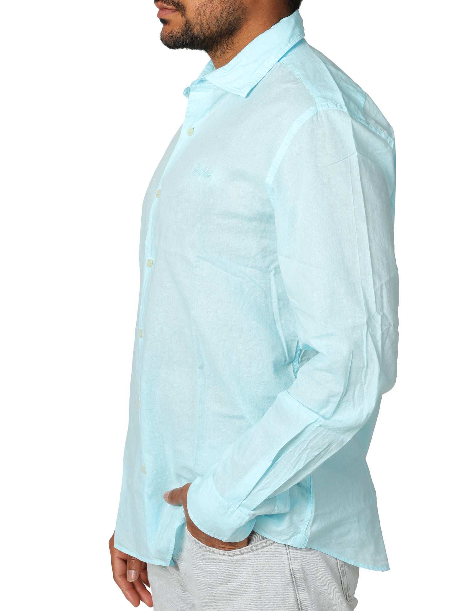 CAMICIA UOMO MC 2 SAINT BARTH CHEMISE ICE VERDE ACQUA IN COTONE CON RICAMO LOGO SUL PETTO
