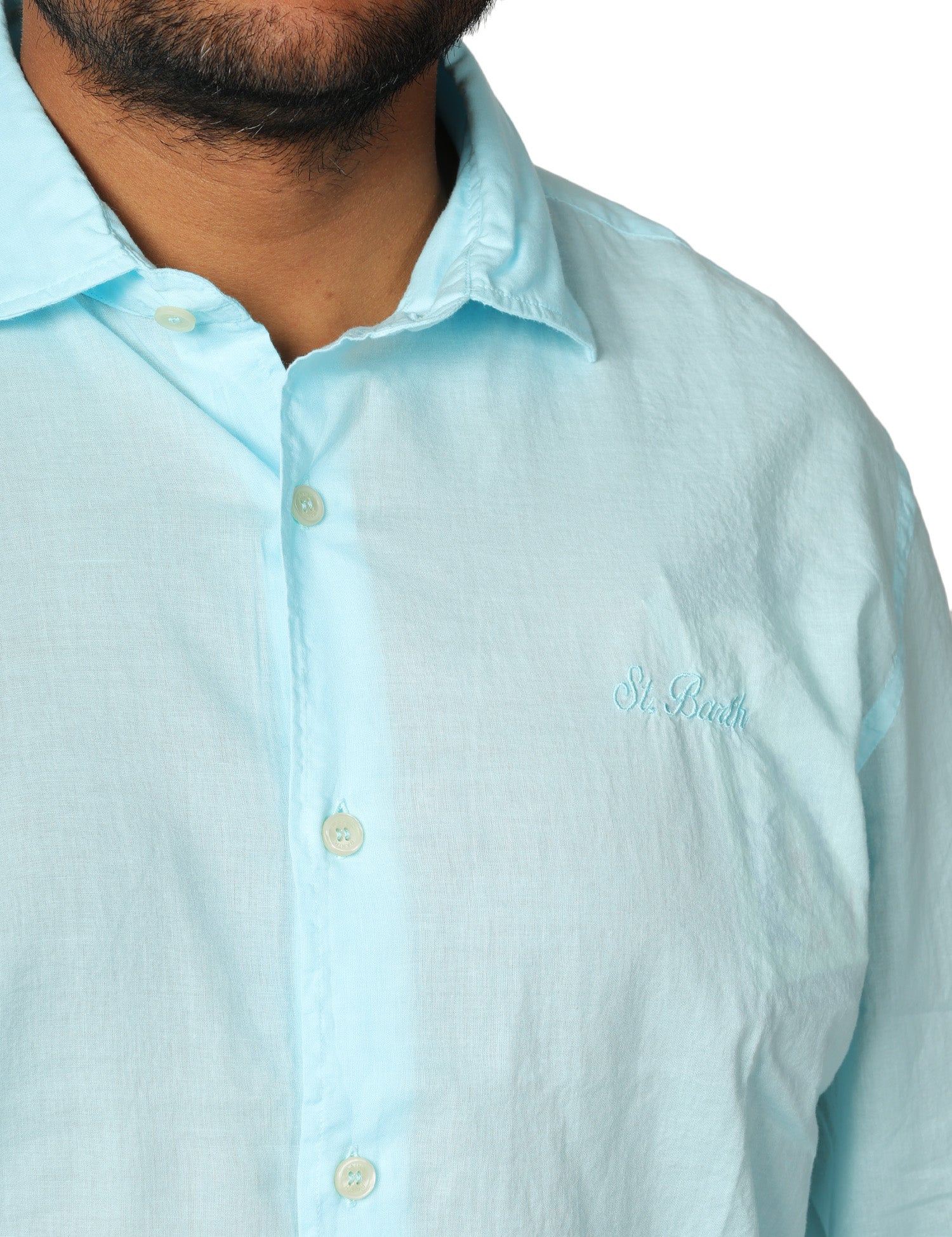 CAMICIA UOMO MC 2 SAINT BARTH CHEMISE ICE VERDE ACQUA IN COTONE CON RICAMO LOGO SUL PETTO