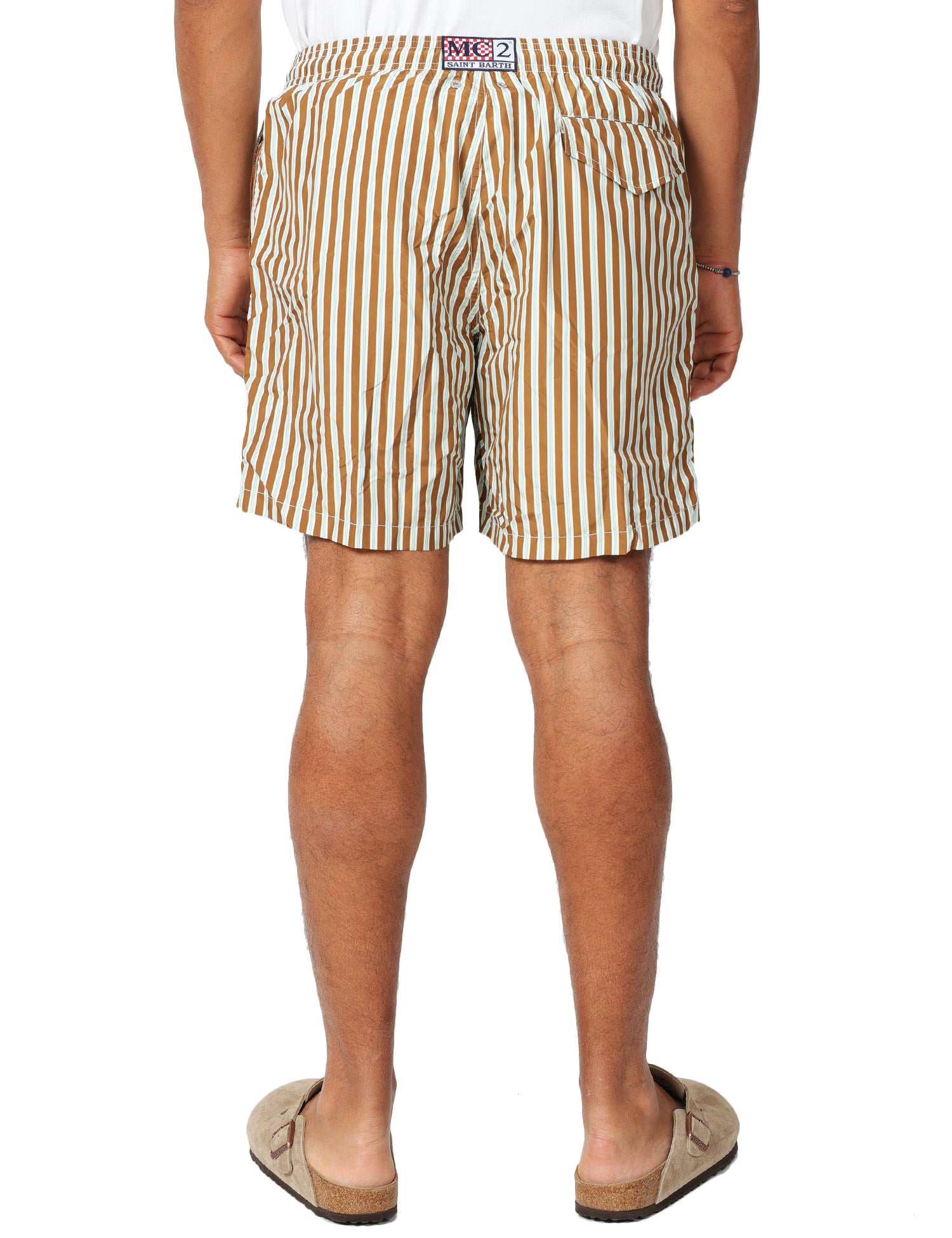 COSTUME MARE UOMO MC 2 SAINT BARTH MARRONE E AZZURRO A RIGHE CON COULISSE E RICAMO LOGO