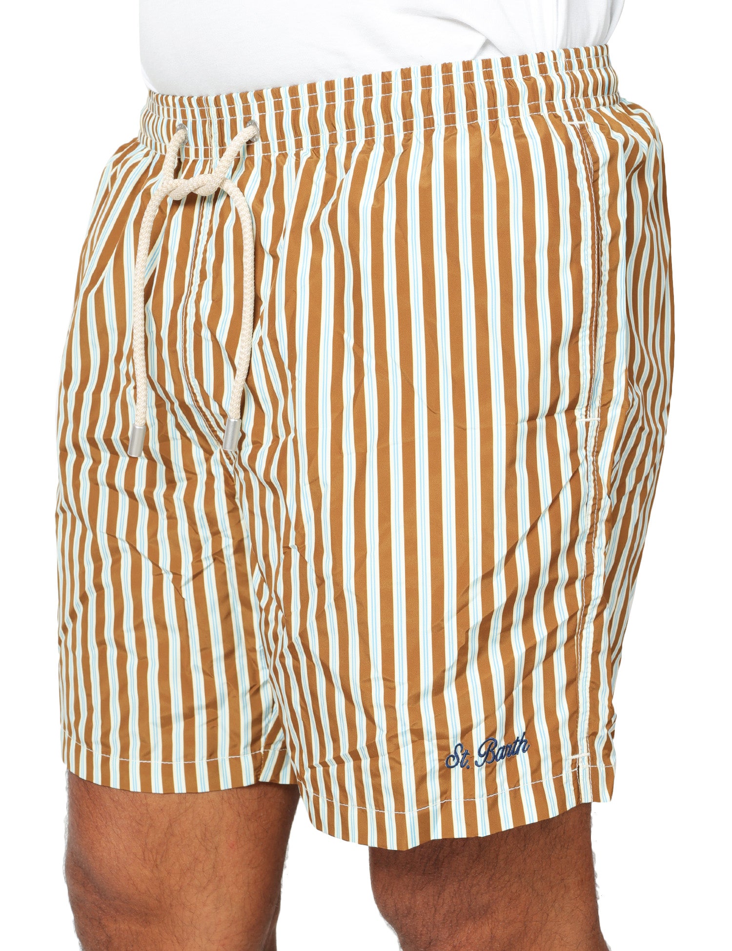 COSTUME MARE UOMO MC 2 SAINT BARTH MARRONE E AZZURRO A RIGHE CON COULISSE E RICAMO LOGO