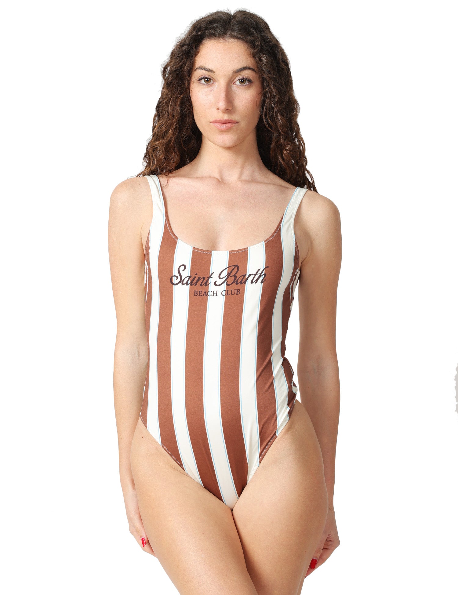 COSTUME MARE DONNA MC 2 SAINT BARTH LORA MARRONE A RIGHE INTERO CON STAMPA LOGO
